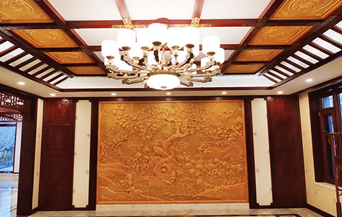 博厚镇中式别墅客厅中式木作横梁吊顶装饰展示